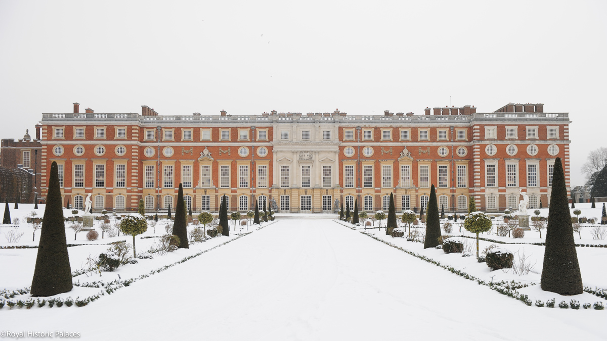 Hampton Court at Christmas, in winter, fresh snow