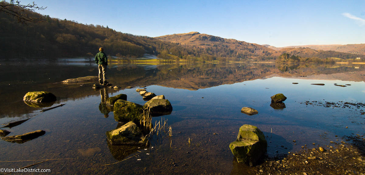 Man standing on rock looking over lake